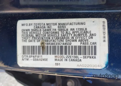 2003 Toyota Corolla Le z USA, uszkodzony, nr VIN 2T1BR38E23C144532